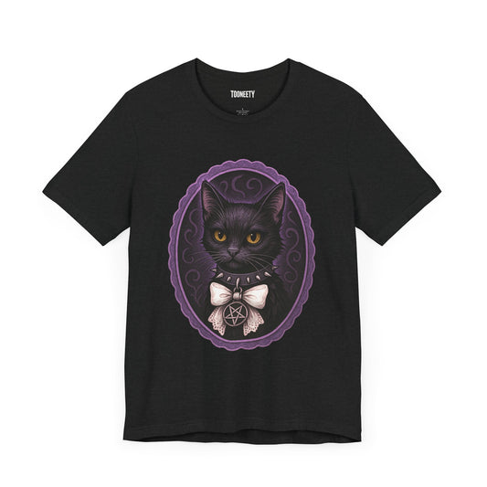 Witchy black cat shirt with pentagram and lace bow | gothic cat design | Tooneety