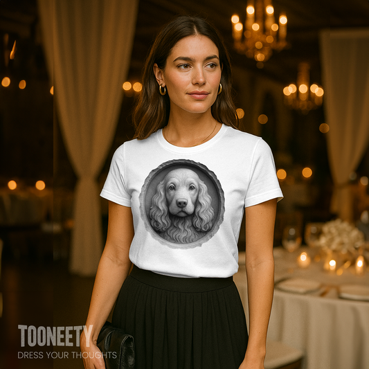 Monochrome Cocker Spaniel dog face T-shirt design – elegant and emotional pet portrait on white shirt
