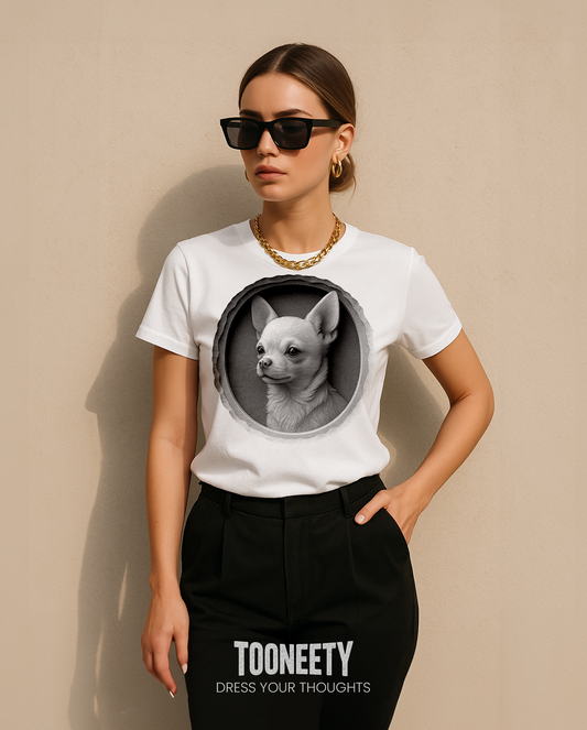 Black and white Chihuahua dog portrait on T-shirt – realistic and expressive design for pet lovers