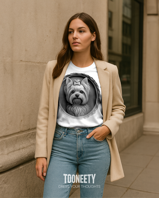 Realistic Yorkshire Terrier dog portrait on white T-shirt – elegant Yorkie design with bow for dog lovers